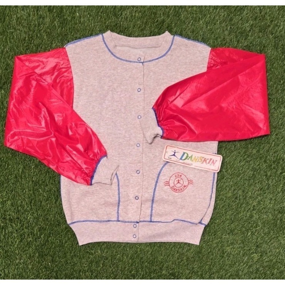 NWT Vintage 80s Danskin Snap Cardigan‎ Jacket Medium Tan Red Nylon Sleeve